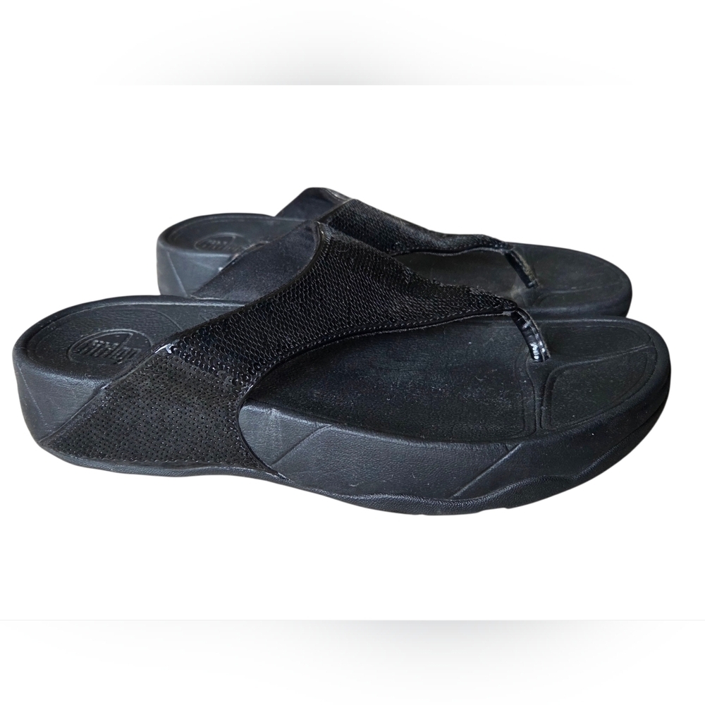 FitFlop Lulu Glitter Toe Thong T Strap Sandals Women's Black Size 7 - Picture 1 of 8